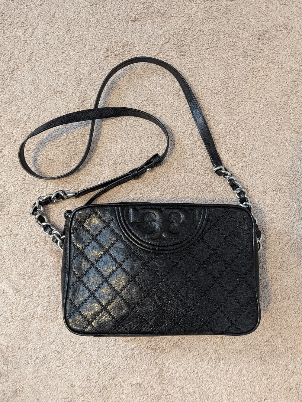 Tory Burch Fleming Distressed Leather Chevron Camera Bag Cross Body / Black